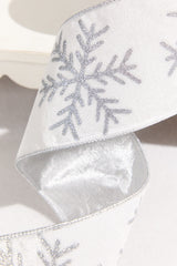 4" x 10 Yard White Velvet with Silver Snowflake Ribbon