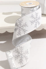4" x 10 Yard White Velvet with Silver Snowflake Ribbon