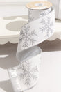 4" x 10 Yard White Velvet with Silver Snowflake Ribbon