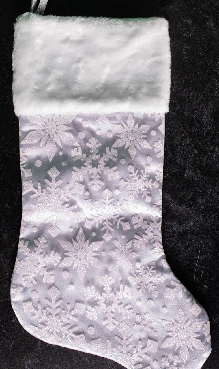 20 Inch White Snowflake Glitter Print on Sheer Organza Stocking