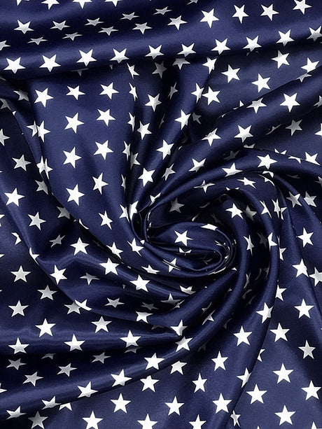 Star Satin Polyester Satin Fabric - Star Print, Royal Blue/Navy Blue, 58" Width (1 Yard)