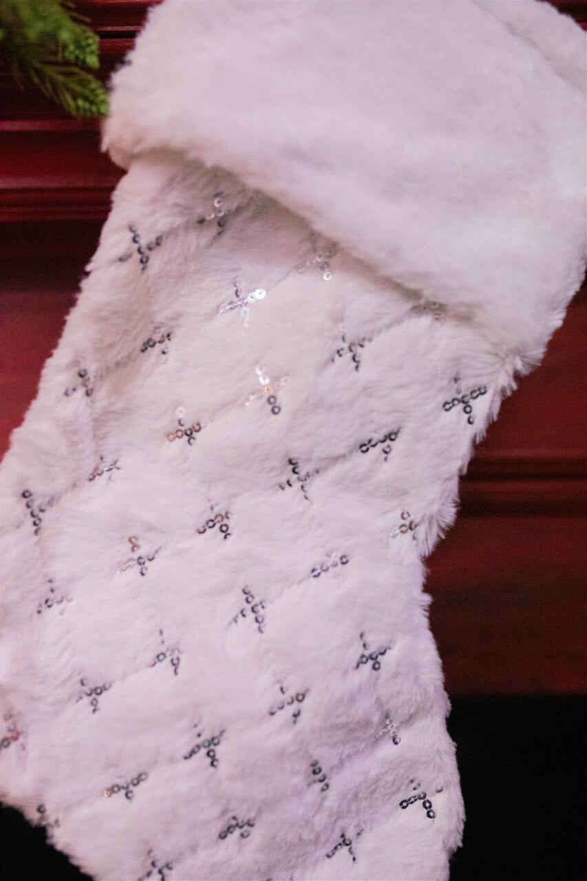 20” White Fur Stocking with Silver Accents