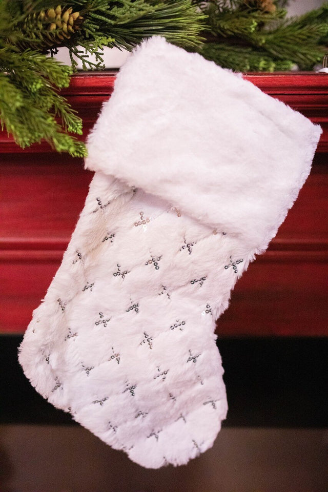 20” White Fur Stocking with Silver Accents