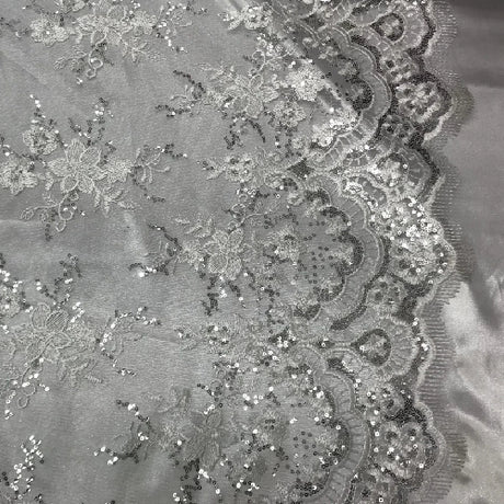 White Sequin Lace Fabric With Embroideries On Mesh VT-011 - White Embroidered Lace, Sequin Embellished, Mesh Base