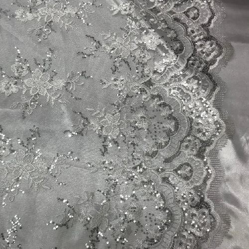 White Sequin Lace Fabric With Embroideries On Mesh VT-011 - White Embroidered Lace, Sequin Embellished, Mesh Base