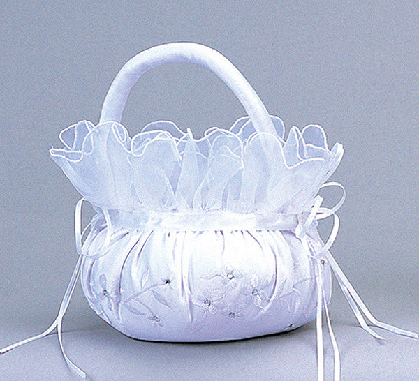 White Satin Flower Girl Basket with Rhinestones 6x8 Inch