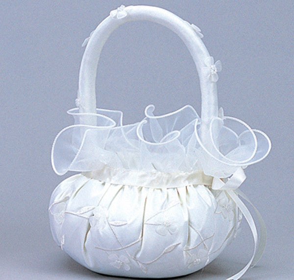 White Satin Flower Girl Basket 2 with Organza Flowers Wedding