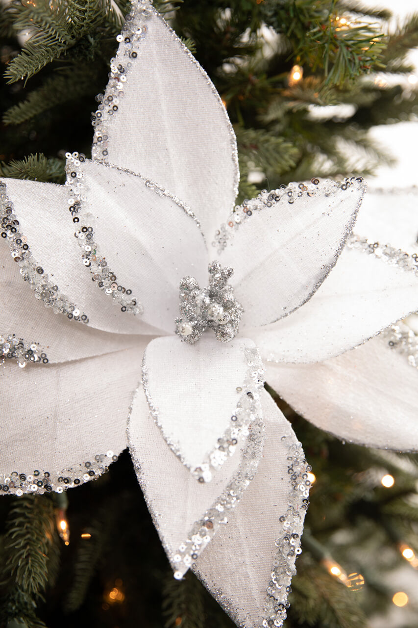 22” x 12" White Velvet Glitter Poinsettia Stem