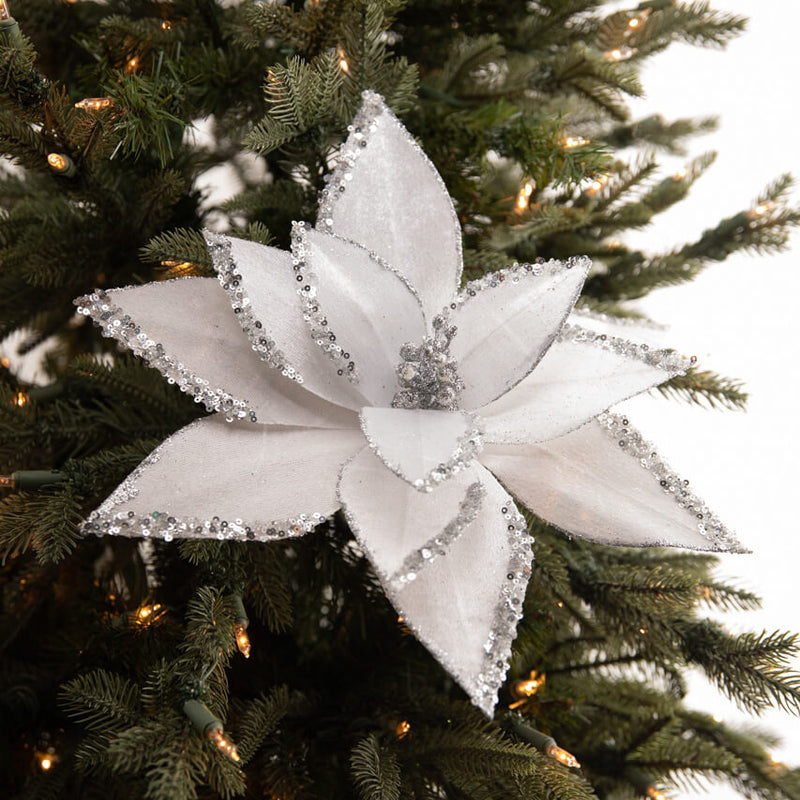 22” x 12" White Velvet Glitter Poinsettia Stem