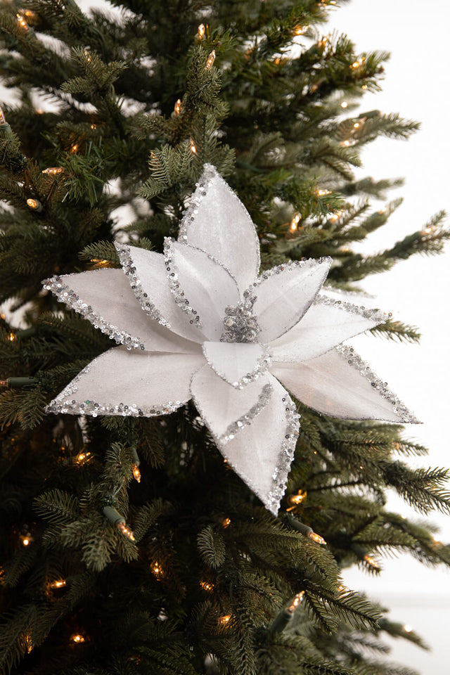 22” x 12" White Velvet Glitter Poinsettia Stem