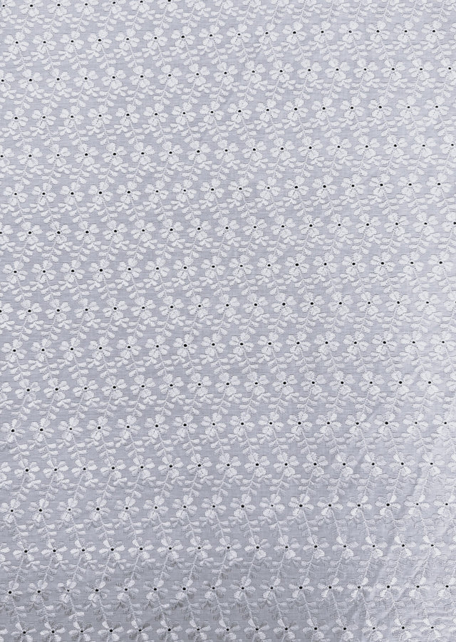 Heavy Eyelet White Polyester Cotton Fabric - White Floral Embroidery, 41"-42" Width
