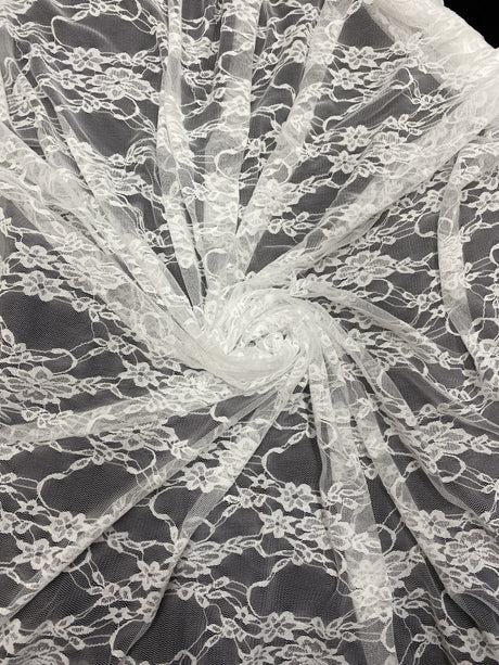 White 4-Way Floral Stretch Lace Fabric - Shimmery Floral Lace, White, 58/60" Width (1 Yard)