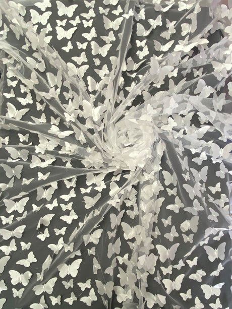 3D Butterflies White Polyester Fabric - White Butterflies, 54" Width