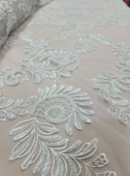 Beaded Bridal Lace Fabric Off White