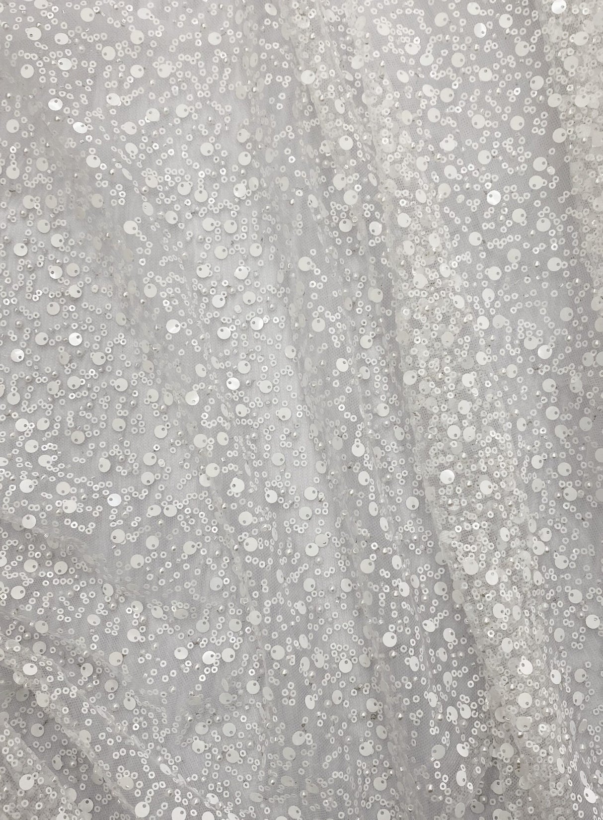 BPS Mesh Lace White Polyester Fabric - White Beads, Pearls, Sequins Mesh, 60" Width (1 Yard)