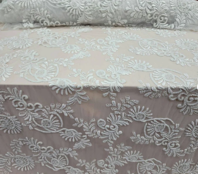 Beaded Bridal Lace Fabric Off White