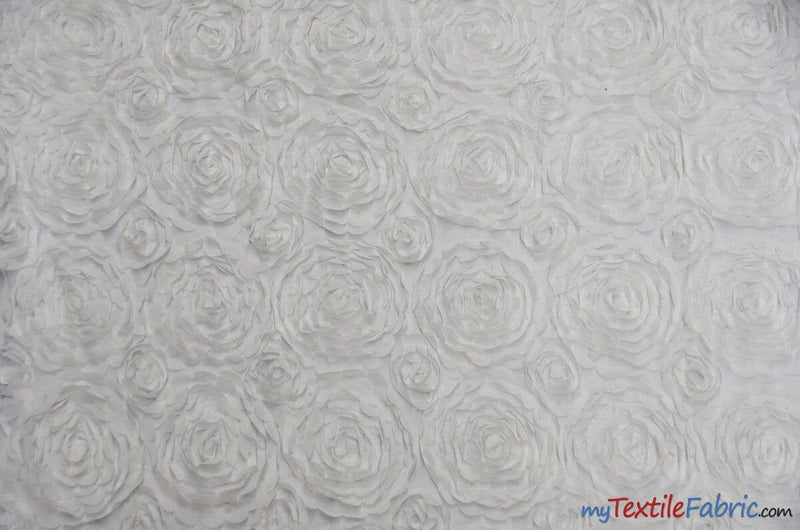 Wedding Floral Chiffon Polyester Fabric - 3D Floral Embroidery, Semi Sheer, 52" Width, Champagne, White, Ivory (1 Yard)