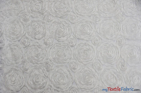 Wedding Floral Chiffon Polyester Fabric - 3D Floral Embroidery, Semi Sheer, 52" Width, Champagne, White, Ivory (1 Yard)