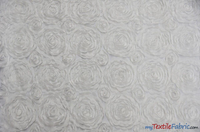 Wedding Floral Chiffon Polyester Fabric - 3D Floral Embroidery, Semi Sheer, 52" Width, Champagne, White, Ivory (1 Yard)