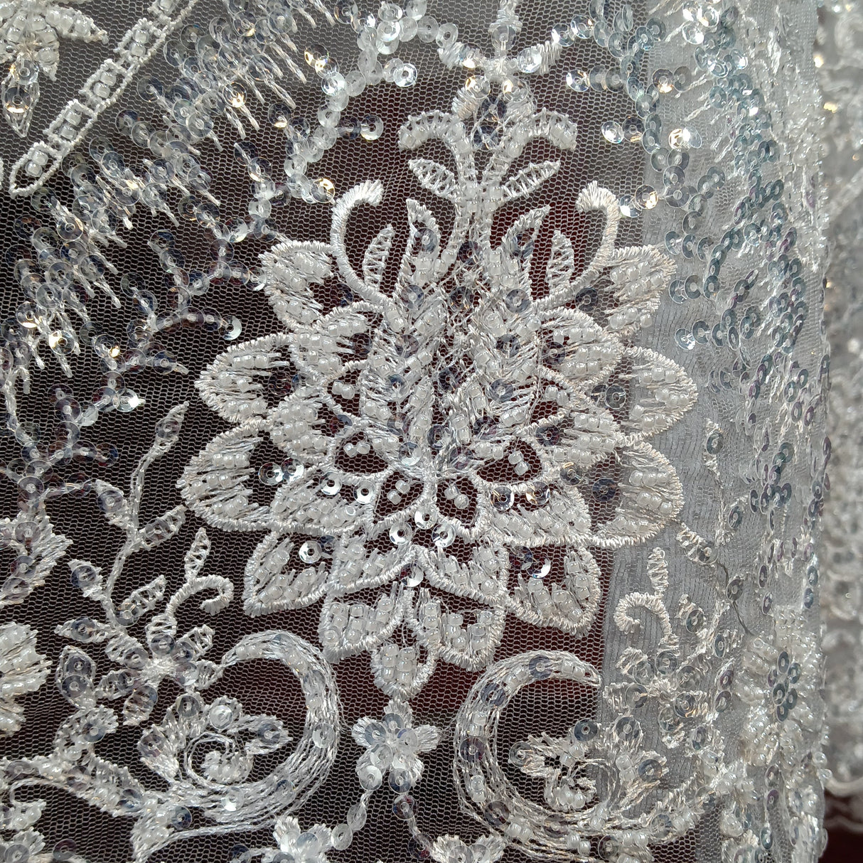 Beaded Sequined Lace Fabric - Embroidered 100 Percent Polyester Net Mesh, Gold, Ivory, Silver, White, 52" Width (1 Yard)