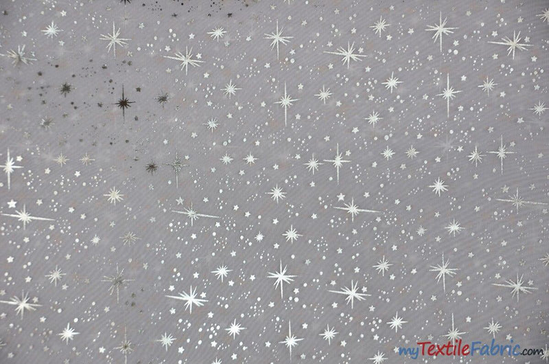 Shooting Star Foil Organza Polyester Fabric - Sheer Silver Metallic Star, 58/60" Width (1 Yard)