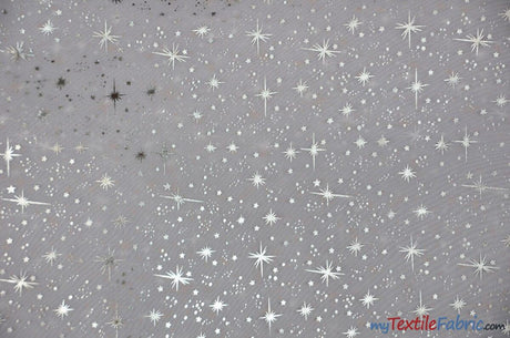 Shooting Star Foil Organza Polyester Fabric - Sheer Silver Metallic Star, 58/60" Width (1 Yard)