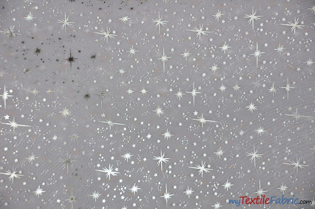 Shooting Star Foil Organza Polyester Fabric - Sheer Silver Metallic Star, 58/60" Width (1 Yard)