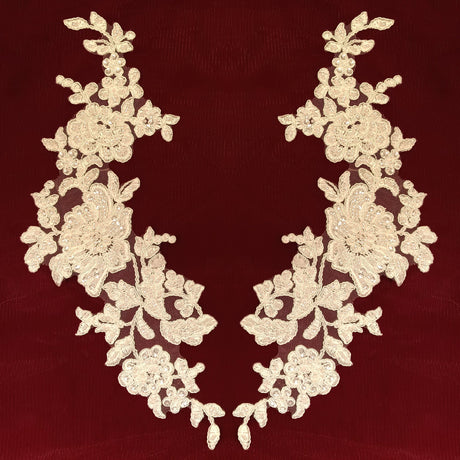 Beaded Corded Floral Lace Applique Polyester Fabric - Embroidered Net Mesh, 13" X 3", Black, Gold, Ivory, Silver, White, Ivory With Rose Gold Cording, White With Rose Gold Cording (1 Pair)