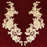 Beaded Corded Floral Lace Applique Polyester Fabric - Embroidered Net Mesh, 13" X 3", Black, Gold, Ivory, Silver, White, Ivory With Rose Gold Cording, White With Rose Gold Cording (1 Pair)