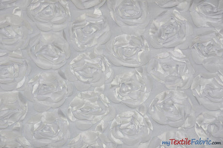 Rosette Satin Bordeaux Polyester Fabric - 3D Floral Satin Embroidered On A Mesh, Bordeaux, 52" Width (1 Yard)