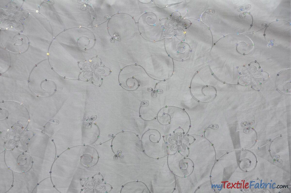 Aurora Taffeta Embroidered Floral Taffeta Fabric - Multi Color Floral Embroidery With Sequins, 54" Width (1 Yard)