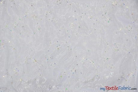 Dahlia Organza Embroidery Polyester Fabric - Embroidered Floral Sheer With Sequins Embellishment, 54" Width (1 Yard)