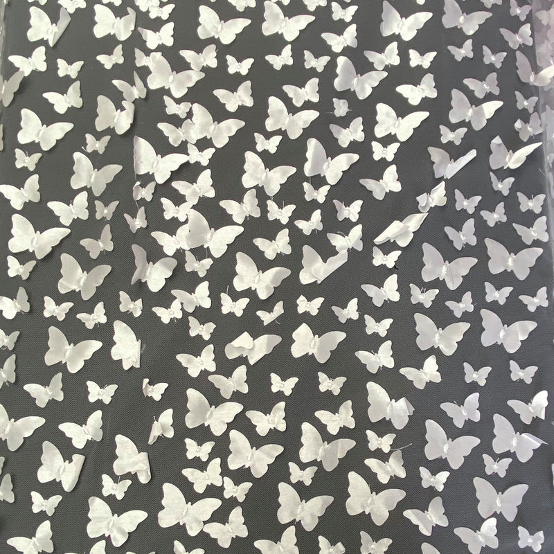 1 Yard White 3D Butterfly Satin Mesh Fabric on Stretch Tulle for Dresses and Accessories 54 Inch Wide