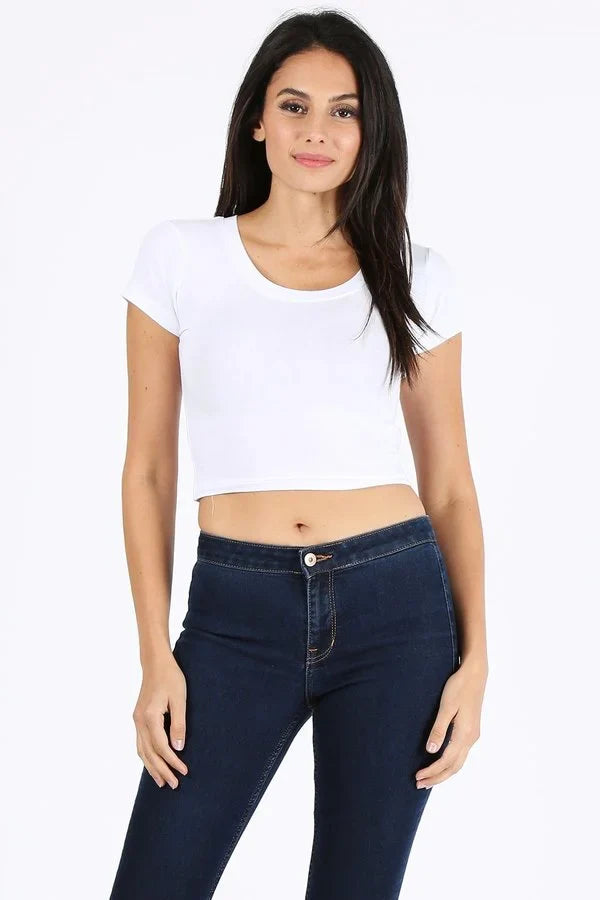 Lucky Fitted Crop Top Cotton Spandex Fabric - White, Short Sleeve Stretch Crop Top (1 Piece)