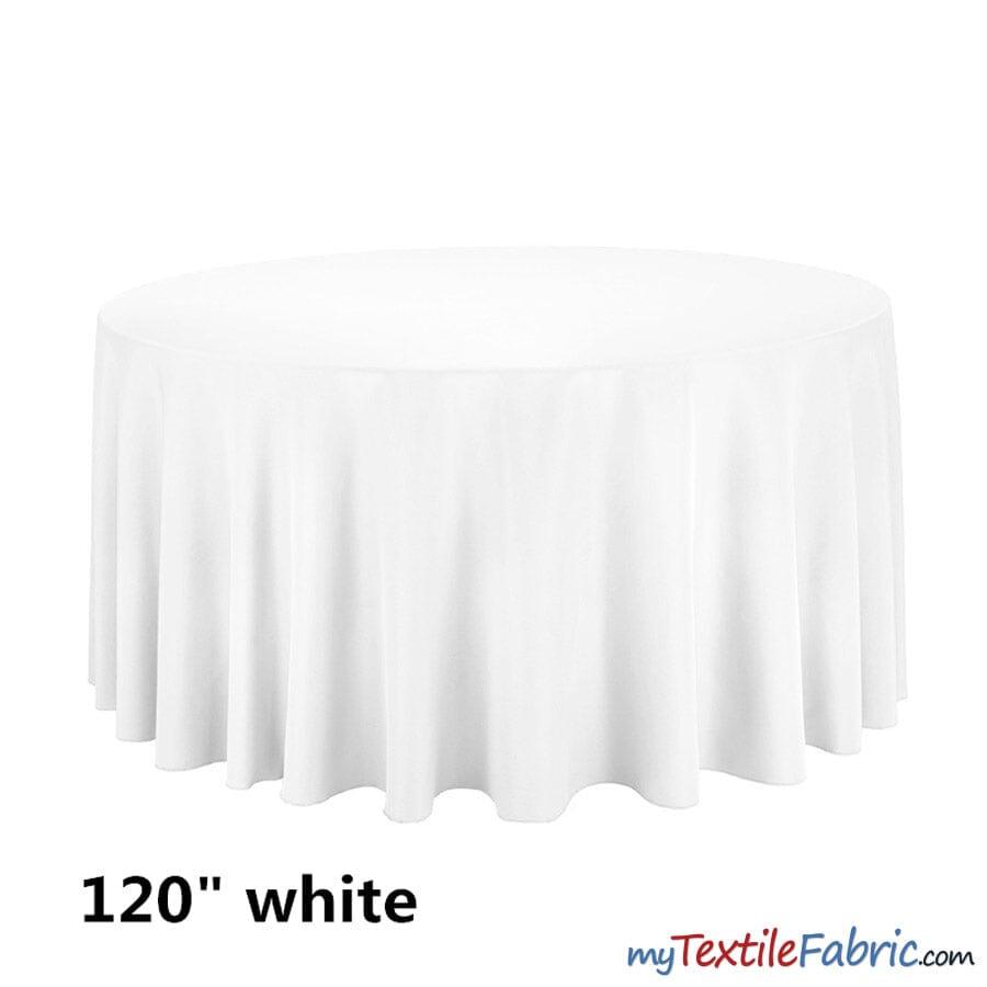 120" Round Polyester Seamless Tablecloth - Polyester Fabric, Seamless, Black, White, Ivory (By Piece)