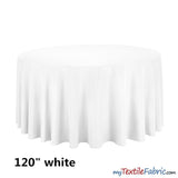 120" Round Polyester Seamless Tablecloth - Polyester Fabric, Seamless, Black, White, Ivory (By Piece)