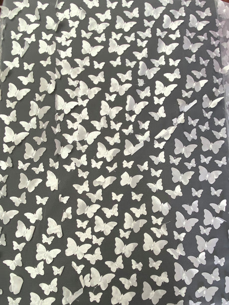 3D Butterflies White Polyester Fabric - White Butterflies, 54" Width