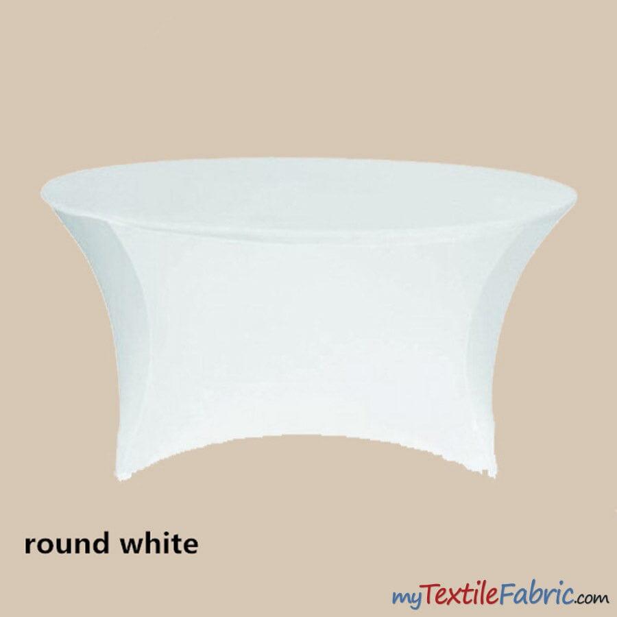 5Ft Diameter Round Polyester Spandex Tablecloth - Black, White, Ivory, Fits 60" Diameter Tables, 28/30" Height, Reinforced Bottoms (By Piece)