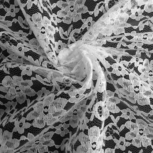 White Raschel Lace Polyester Fabric - French Floral, White, 60" Width