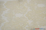 Medallion Bridal Lace Polyester Fabric - Sequins Damask Embroidery, Sheer White, 52" Width (1 Yard)