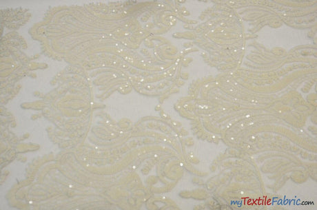 Medallion Bridal Lace Polyester Fabric - Sequins Damask Embroidery, Sheer White, 52" Width (1 Yard)