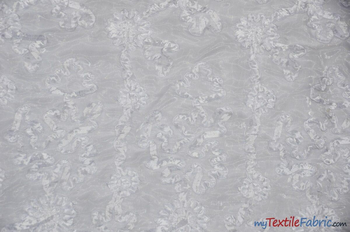 Luxury Organza Embroidery Polyester Fabric - Sheer Ribbon Embroidery, 54" Width, Multiple Colors (1 Yard)