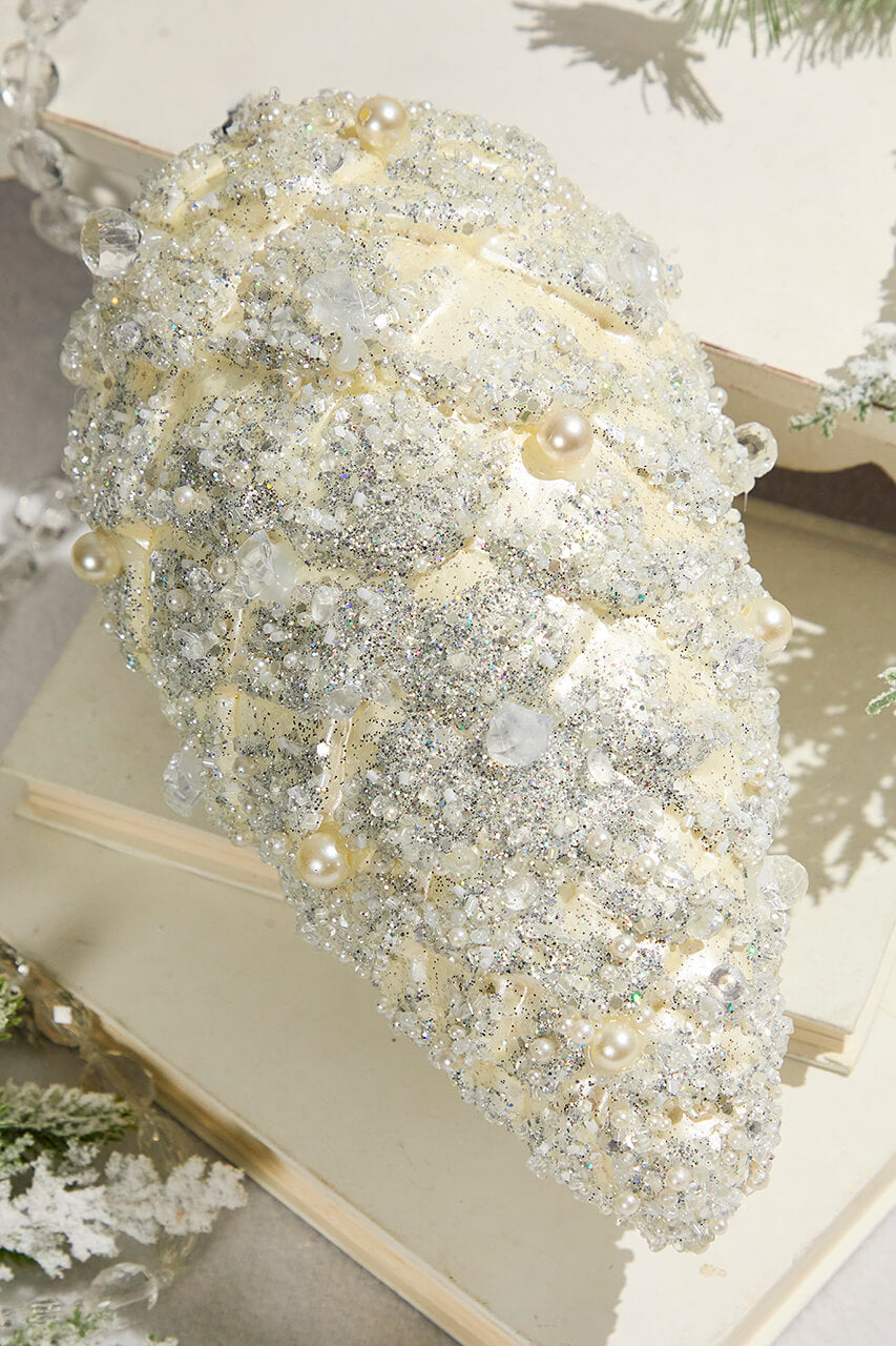 11" Pinecone Ornament with Jewel - Cream