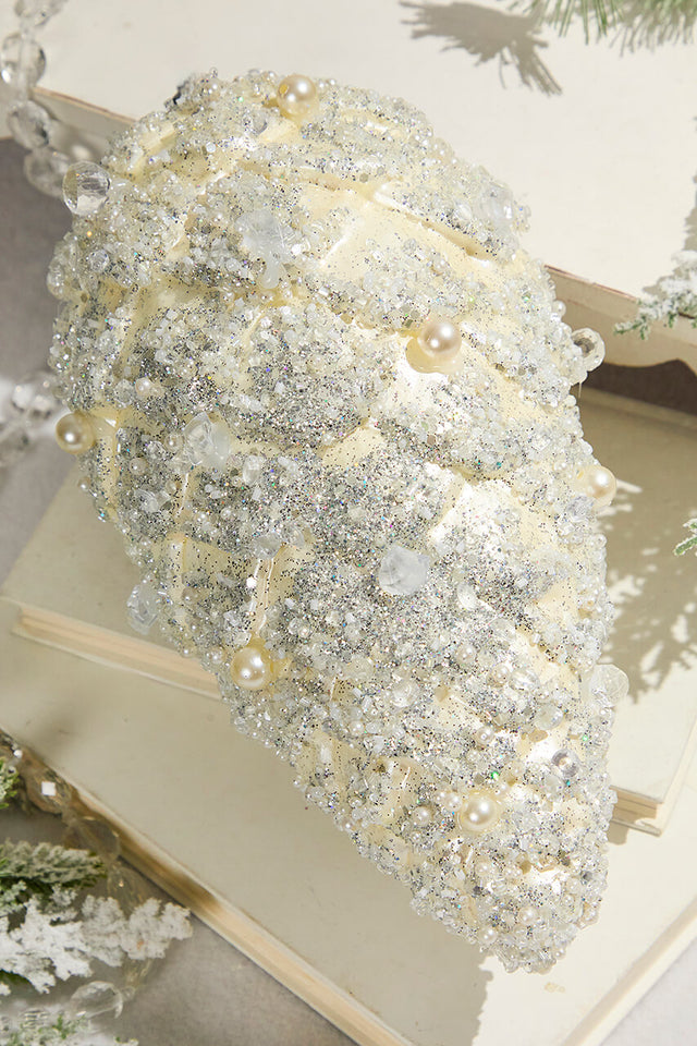 11" Pinecone Ornament with Jewel - Cream