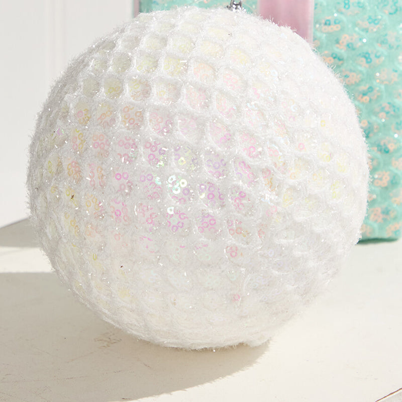 6" White Mesh Ball Ornament Christmas Decor with Iridescent Glitter Finish for Tree Wreath and Holiday Displays
