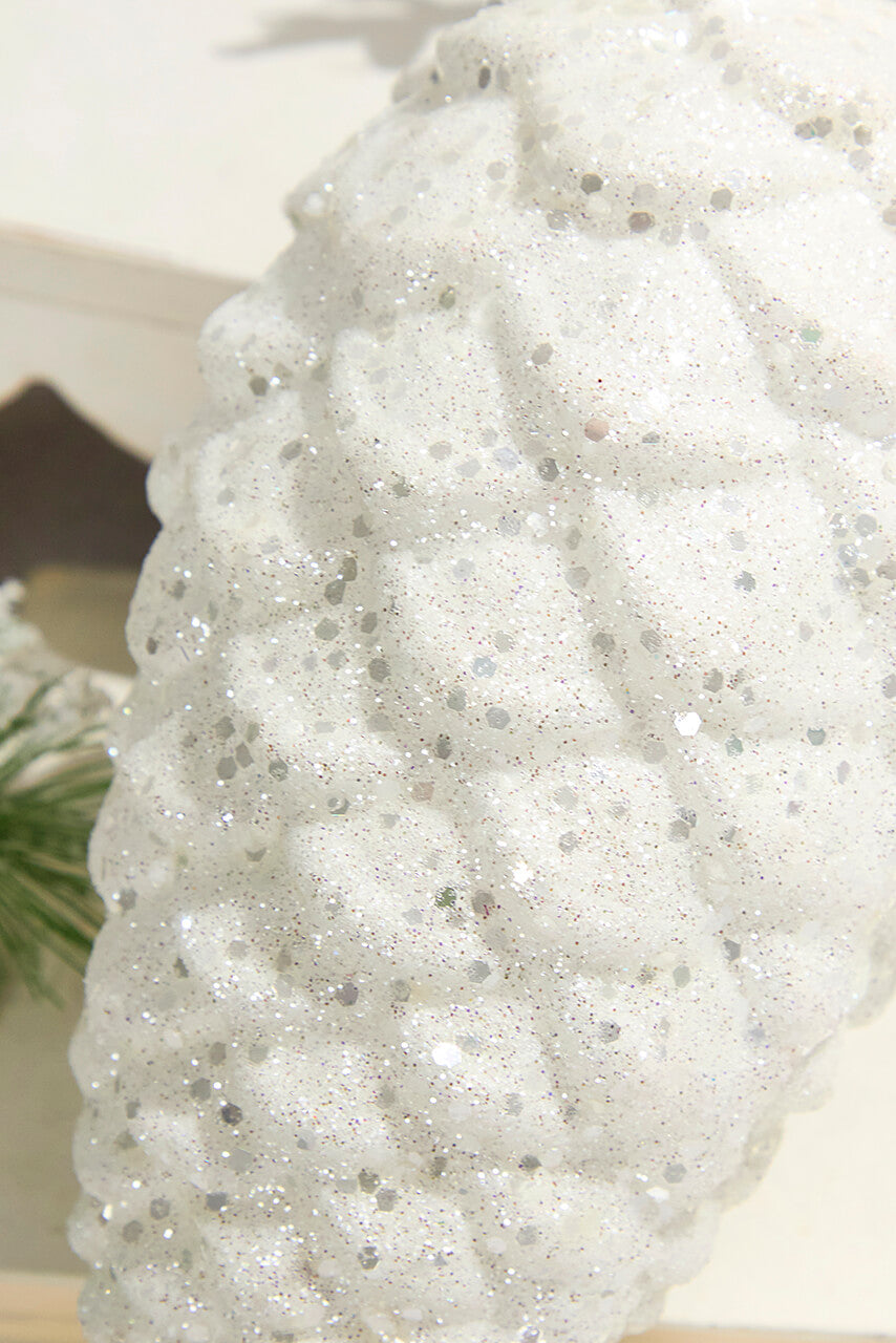 9" White Glitter Pinecone with Hanger