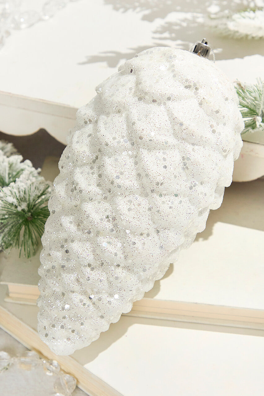 9" White Glitter Pinecone with Hanger