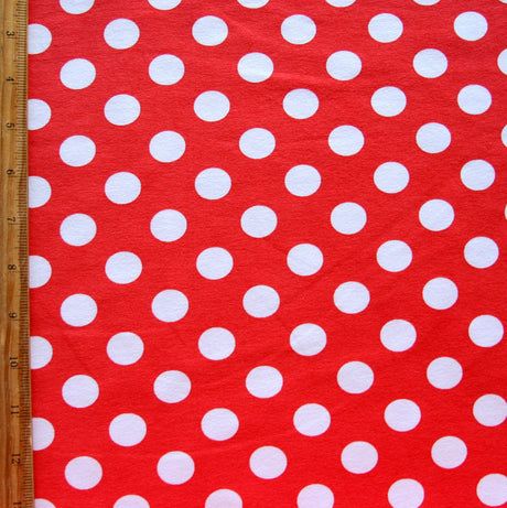 Cotton Lycra Knit White Polka Dots on Red