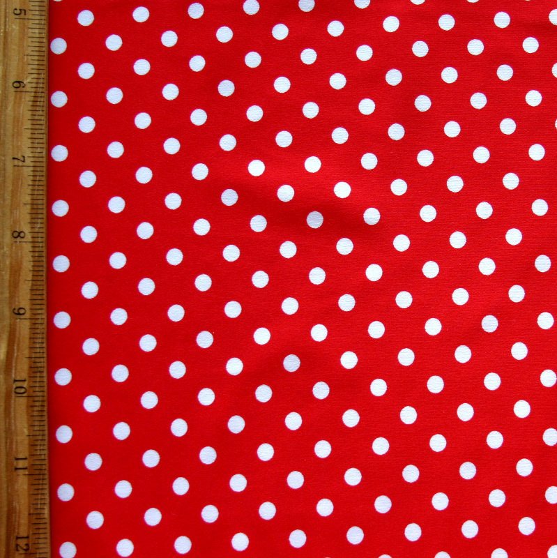 Nylon Lycra Swim Knit White Eraser Polka Dots on Red
