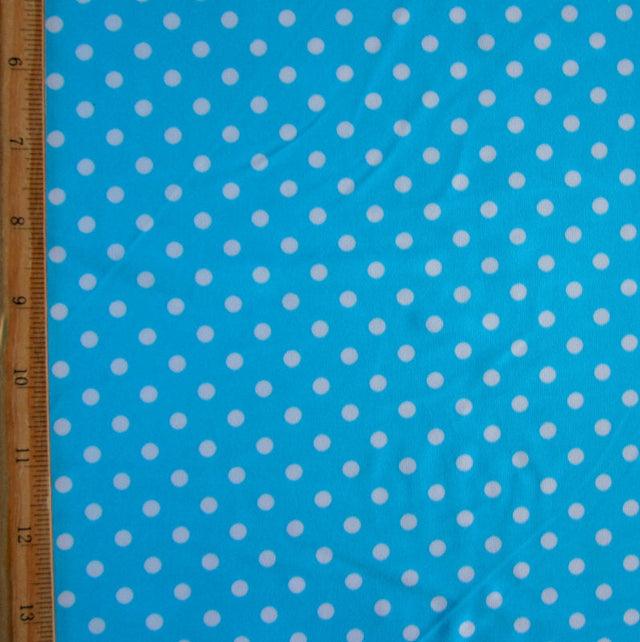 Swim Knit Nylon Lycra White Eraser Polka Dots Turquoise Blue